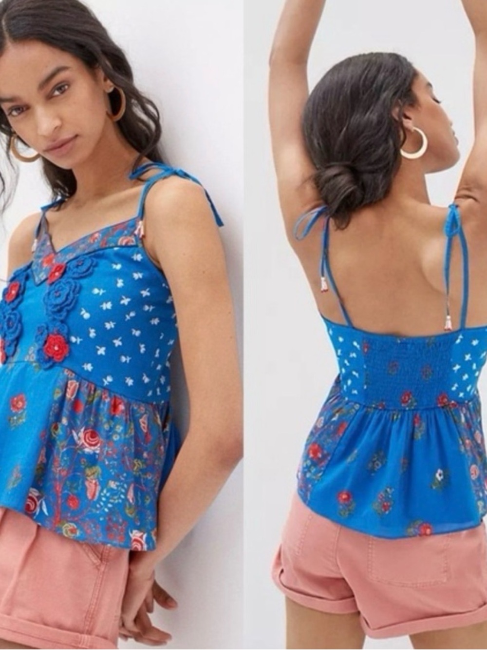 Nikasha Anthropologie Floral Crochet Babydoll tank top red blue size Small India